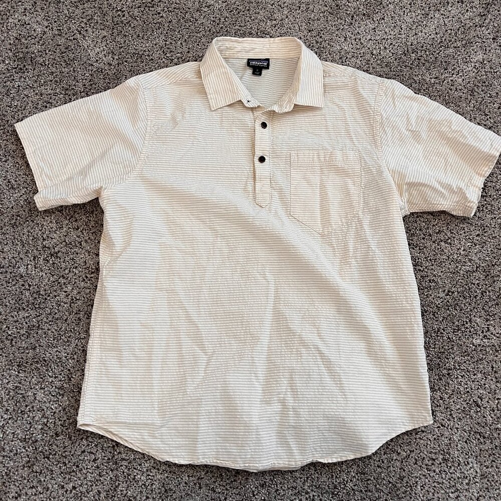 Patagonia Shirt Mens Med Yellow Stripe Organic Seersucker Pullover Half Placket